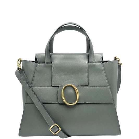 Borsa Orciani in pelle color avio con parti metalliche dorate; munita di doppi manici e una tracolla amovibile e regolabile. Completa di dustbag.