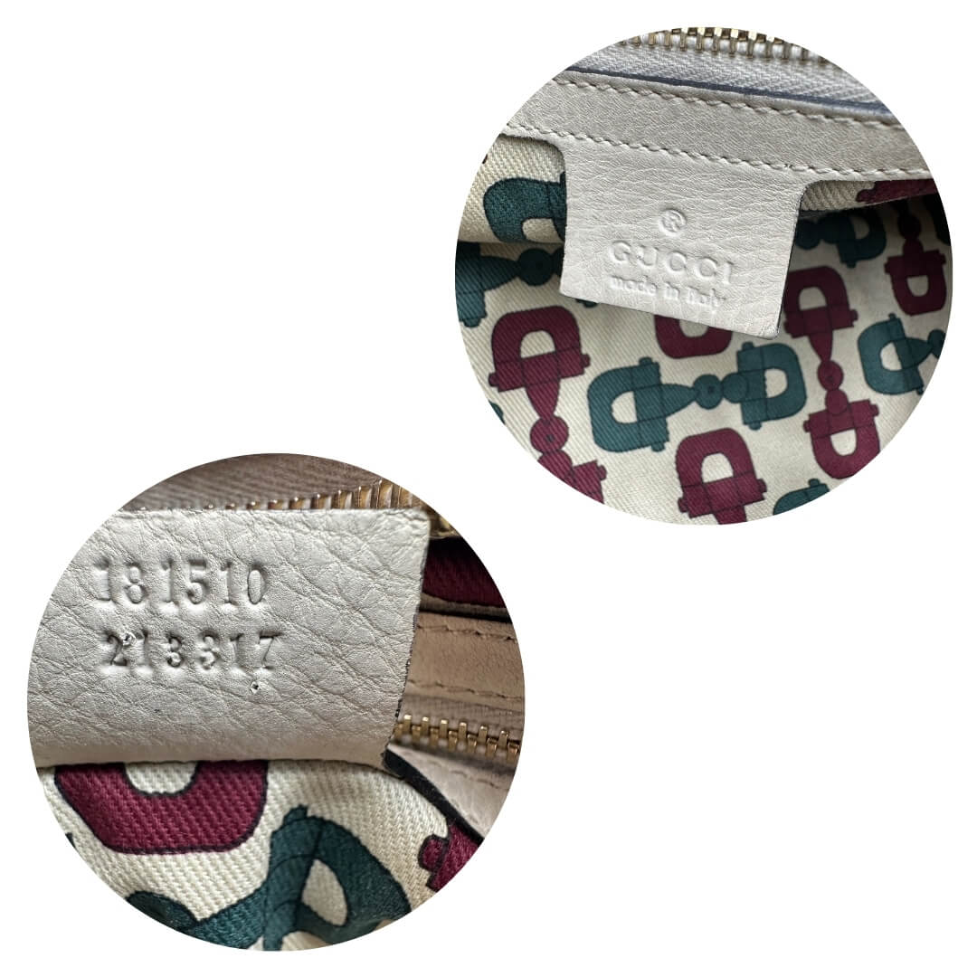 Shopper Gucci in pelle martellata color avorio con dettagli in trama GG. Munita di doppi manici stondati e parti metalliche dorate. Originale, usato, in condizioni ottime.