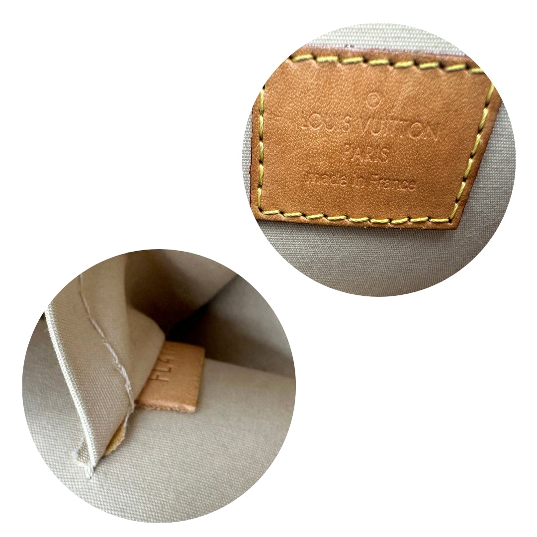 Alma BB Louis Vuitton in pelle vernis color giallo sabbia monogram con parti metalliche dorate, doppi manici stondati e una tracolla amovibile