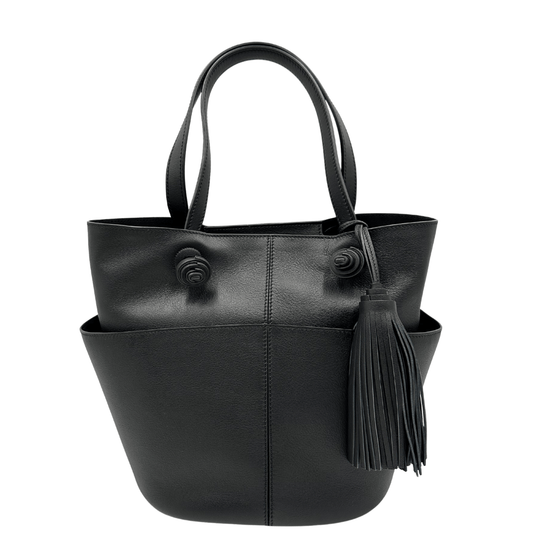 front Secchiello Tod's in pelle nera munito di una pochette estraibile e amovibile, impreziosito da nappa decorativa. Completo di dustbag e cartellino.