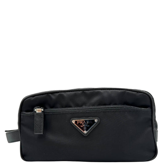 Pochette Prada in nylon nero con finiture in pelle tono su tono e parti metalliche argentate
