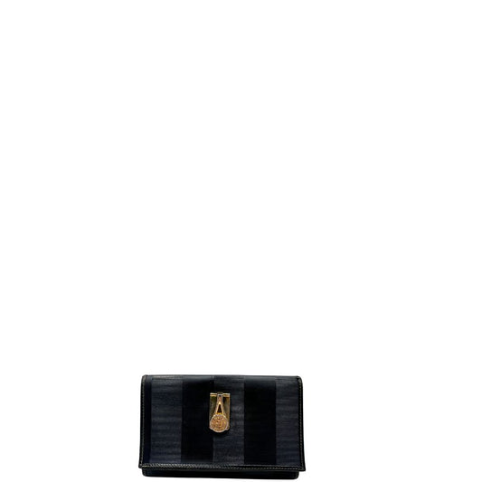 front Portafoglio Fendi in pelle blu notte trama Pequin con parti metalliche dorate, di lusso, originale, ottime condizioni, usato.