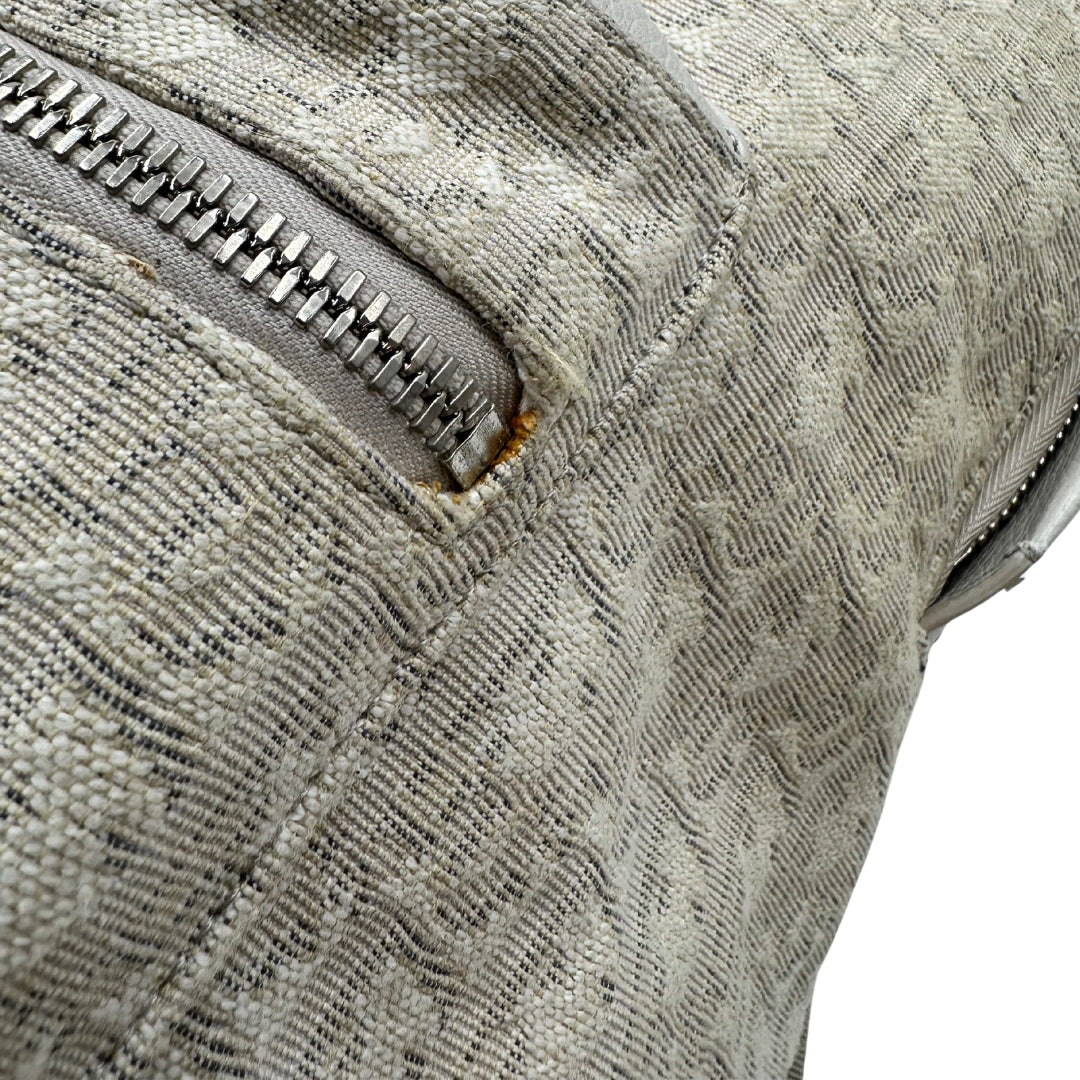 Zaino Dior in tessuto avorio con trama Dior Oblique grigio chiaro, finiture in pelle martellata tono su tono, rifinito con parti metalliche argentate, ossidazione chiusura