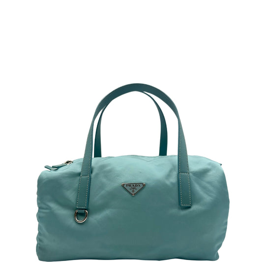 Borsa Prada in nylon color acqua marina rifinita in pelle e parti metalliche argentate, front