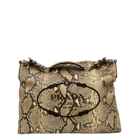Borsa Prada in pelle con trama animalier rifinita con inserti metallici argentati e ricami marroni; munita di un manico singolo, da portare a spalla, front