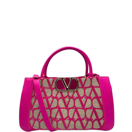 Borsa Valentino Garavani Iconographe Toile in tessuto beige con iconica trama VLogo Signature e finiture in pelle Pink PP. Munita di doppi manici stondati e di una tracolla amovibile, parti metalliche dorate. Completa di dustbag e cartellino. Originale, usato, in condizioni ottime.