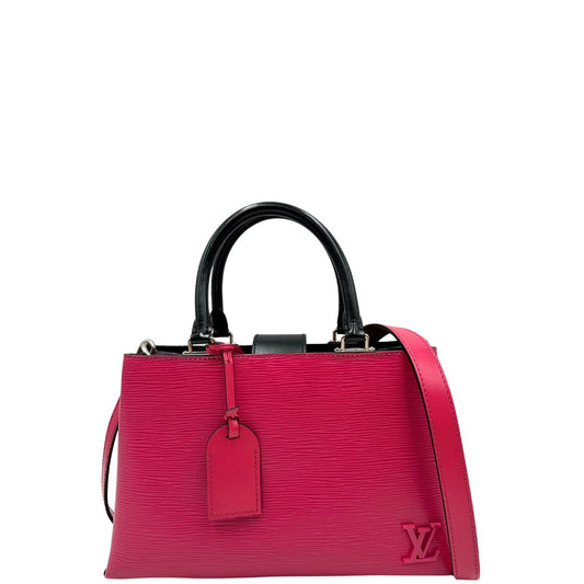 front Borsa L.V. in pelle epi fucsia rifinita con parti in pelle nere e parti metalliche argentate; munita di doppi manici stondati e una tracolla amovibile. Completa di scatola logata