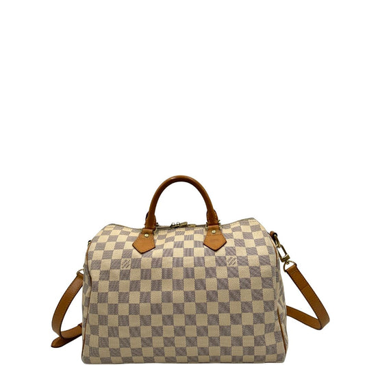 front Bauletto Speedy 30 Louis Vuitton in canvas Damier Azur con finiture in vacchetta naturale e parti metalliche dorate
