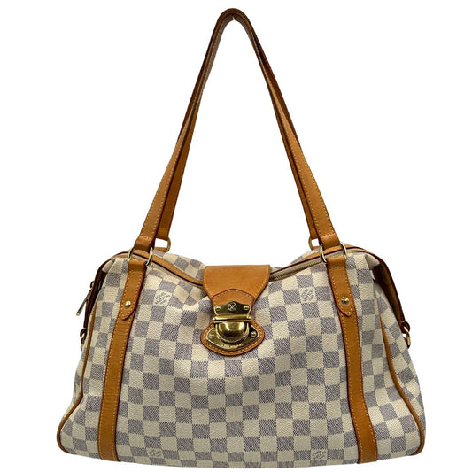 Front Borsa Louis Vuitton in canvas bianco Damier Azur con parti metalliche dorate e finiture in vacchetta naturale; munita di doppi manici, da portare a spalla. Originale, usata, di lusso, in ottime condizioni