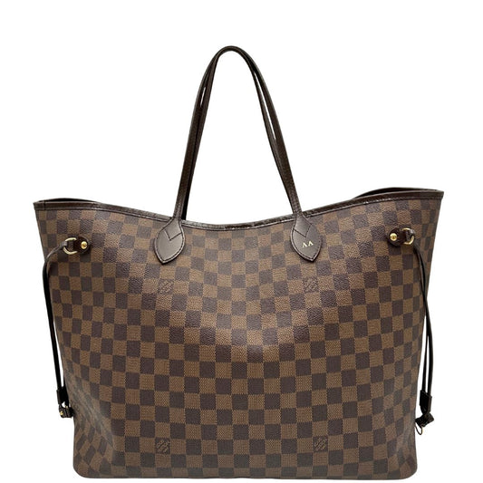 front Borsa Louis Vuitton Neverfull GM in canvas Damier Ébène con finiture in pelle marroni testa di moro e parti metalliche dorate; munita di doppi manici, indossabile a spalla, di lusso, originale, di lusso, usata.