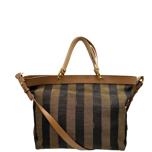 front Borsa Fendi in tessuto color tabacco trama Pequin con finiture in pelle marrone e beige e parti metalliche dorate; munita di doppi manici e una tracolla regolabile, di lusso, originale, ottime condizioni.