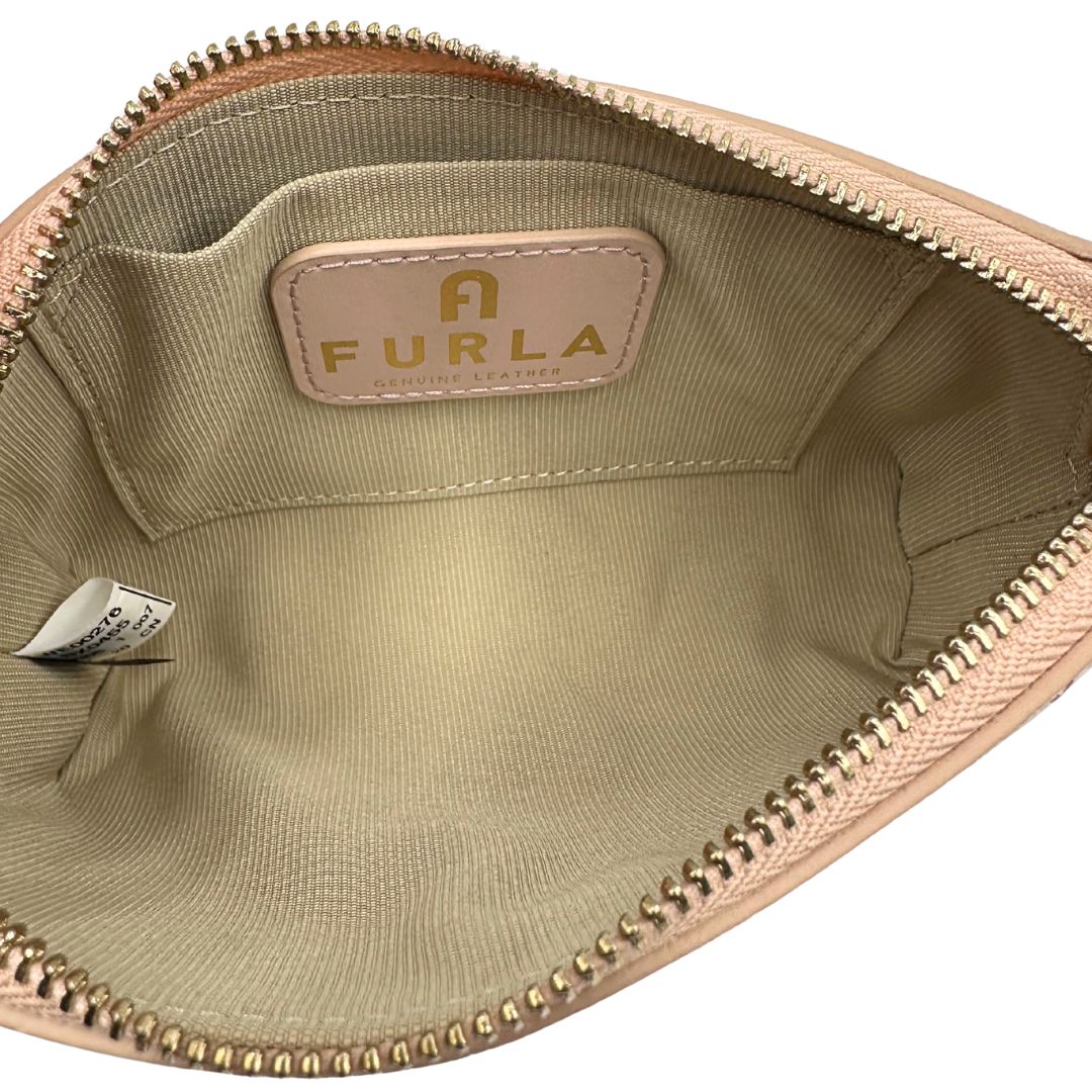 interno Pochette Furla in canvas rosa con stampe di lucchetti sul front e parti metalliche dorate, di lusso, originale, usata.