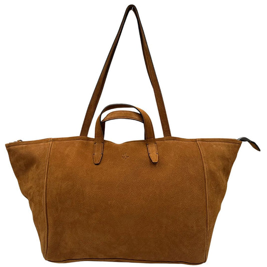 front Borsa Hags in pelle nabuk color cammello con parti metalliche argentate; munita di doppi manici per portarla a mano e doppi manici allungati per indossarla a spalla. Completa di dustbag, di lusso, originale, ottime condizioni.