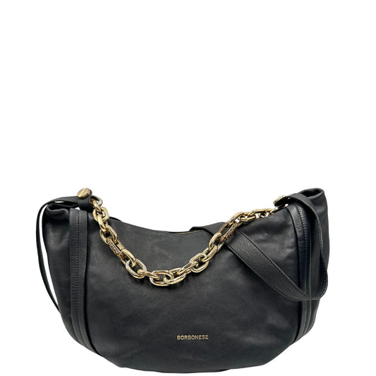 Front di una Borsa Borbonese in pelle nera con parti metalliche dorate. Munita di una tracolla regolabile e un manico in catena con dettagli occhio di pernice non amovibili. Completa di dustbag. Originale, usato, di lusso, in ottime condizioni.