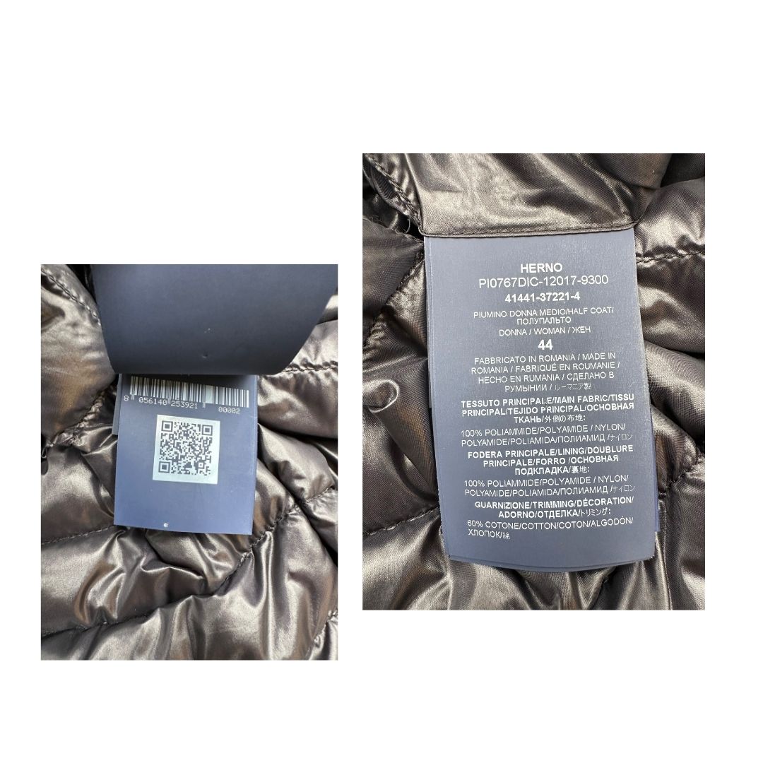 Piumino Herno in 100% poliammide nero con parti metalliche dorate, caratterizzato da imbottitura trapuntata, di lusso, originale, usato.