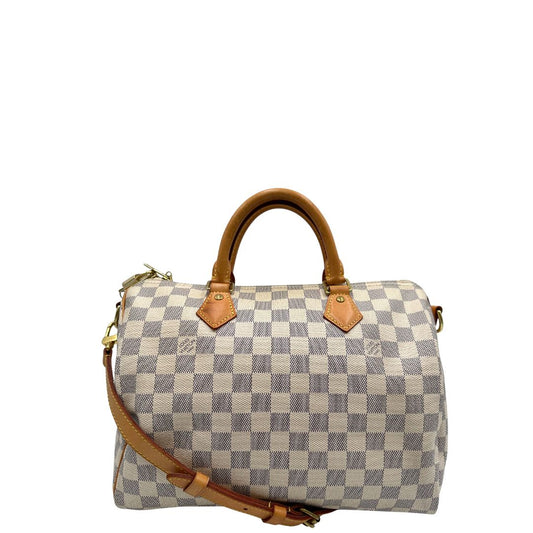 front Borsa Speedy 30 bandoulière Louis Vuitton in canvas Damier Azur con finiture in vacchetta naturale e parti metalliche dorate; munita di una tracolla amovibile e regolabile e doppi manici stondati. Completo di lucchetto, chiavi e scatola, di lusso, originale, ottime condizioni.
