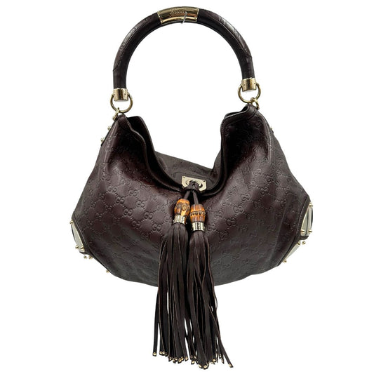 front Borsa Gucci in pelle marrone GG con parti metalliche dorate; munita di un manico rigido, impreziosita da doppia nappa con dettaglio bamboo e angoli finiture metalliche, di lusso, originale, ottime condizioni