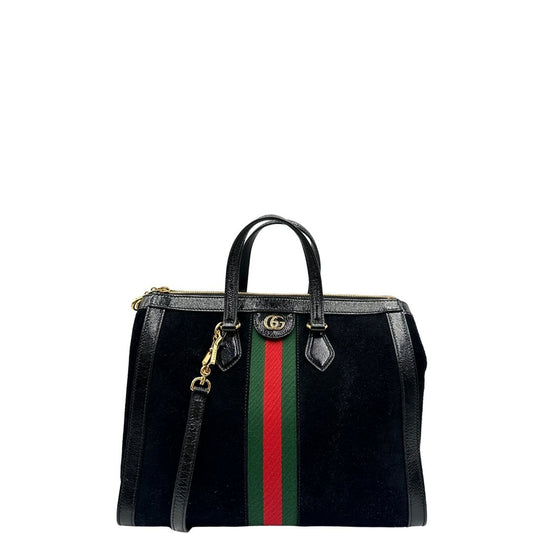 front Borsa Gucci in pelle scamosciata nera con finiture in pelle tono su tono e parti metalliche dorate; munita di doppi manici e una tracolla amovibile e regolabile. Completa di dustbag, di lusso, originale, ottime condizioni, usato.