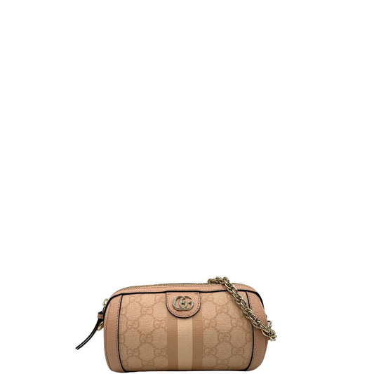 front Borsa Gucci in canvas color cipria GG con parti metalliche dorate; munita di un manico singolo in catena e una tracolla amovibile e regolabile. Completa di dustbag, di lusso, originale, eccellenti condizioni.