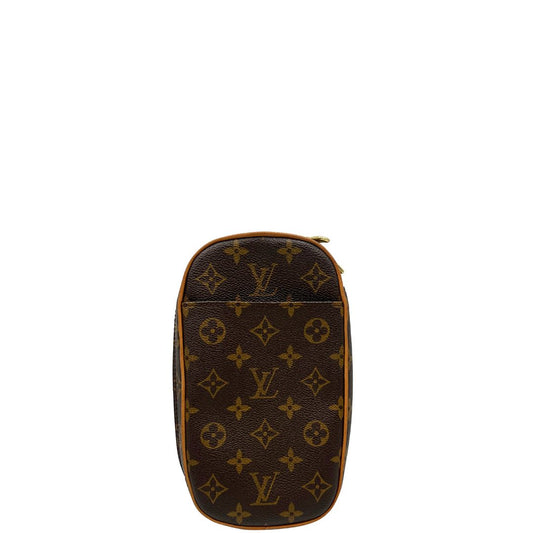 Front di una borsa Louis Vuitton in canvas marrone monogram con finiture in vacchetta naturale e tracolla in tessuto marrone regolabile. Dotata di dustbag.