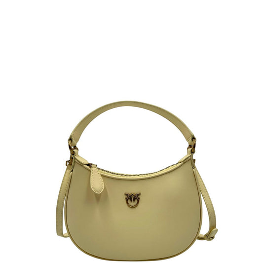 Front di una Borsa Pinko in pelle color giallo burro con parti metalliche dorate; munita di un manico e una tracolla in pelle regolabile ed amovibile. Completa di dustbag e cartellino. Originale, usata, di lusso, in ottime condizioni.