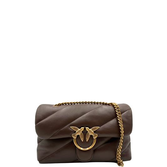 front Borsa Pinko in pelle matelassè marrone con parti metalliche dorate; munita di di una tracolla scorrevole con spallaccio in pelle, di lusso, originale, eccellenti condizioni, usata.