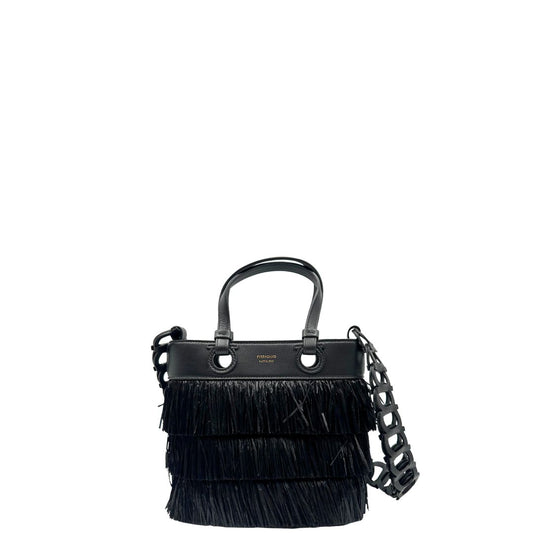 front Tote Salvatore Ferragamo in pelle nera impreziosita da frange in rafia, di lusso, originale, ottime condizioni, usata.