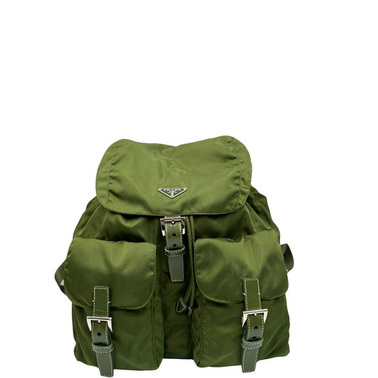 front zaino Prada in vela verde e finiture in pelle tono su tono, di lusso, ottime condizioni, usato, originale.