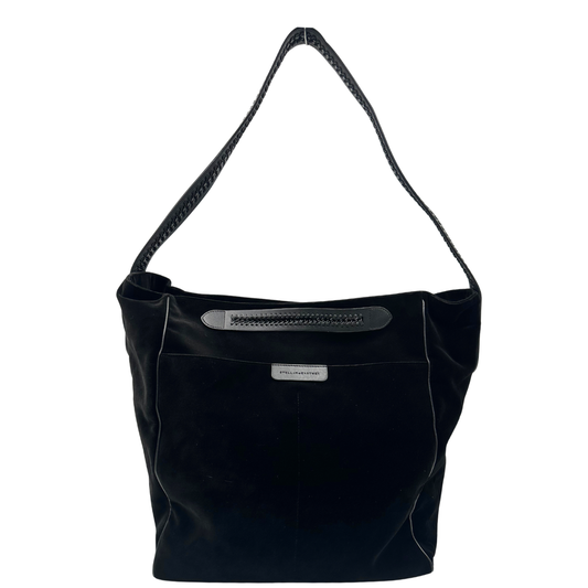Front, Borsa Stella McCartney in velluto nero, con profili nere, indossabile a spalla. Originale, usata, di lusso, in ottime condizioni.