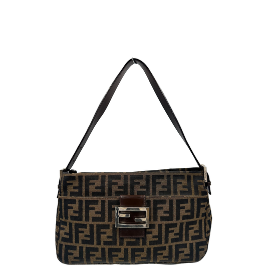 Front, Borsa a spalla Fendi in tessuto color tabacco trama zucca con profili in pelle marrone testa di moro. Indossabile a spalla. Originale, usata, di lusso, in ottime condizioni.