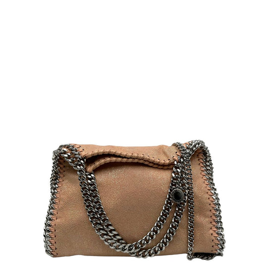 front Borsa Falabella con base colore rosa effetto olografico, nella versione mini, di lusso originale, ottime condizioni, usata.