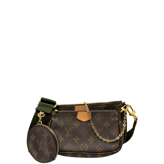 front Multi Pochette Accessoires Louis Vuitton in canvas marrone monogram con dettagli in vacchetta naturale, manico in catena dorata e tracolla in tessuto Jacquard verde kaki, di lusso, originale, ottime condizioni, usata.