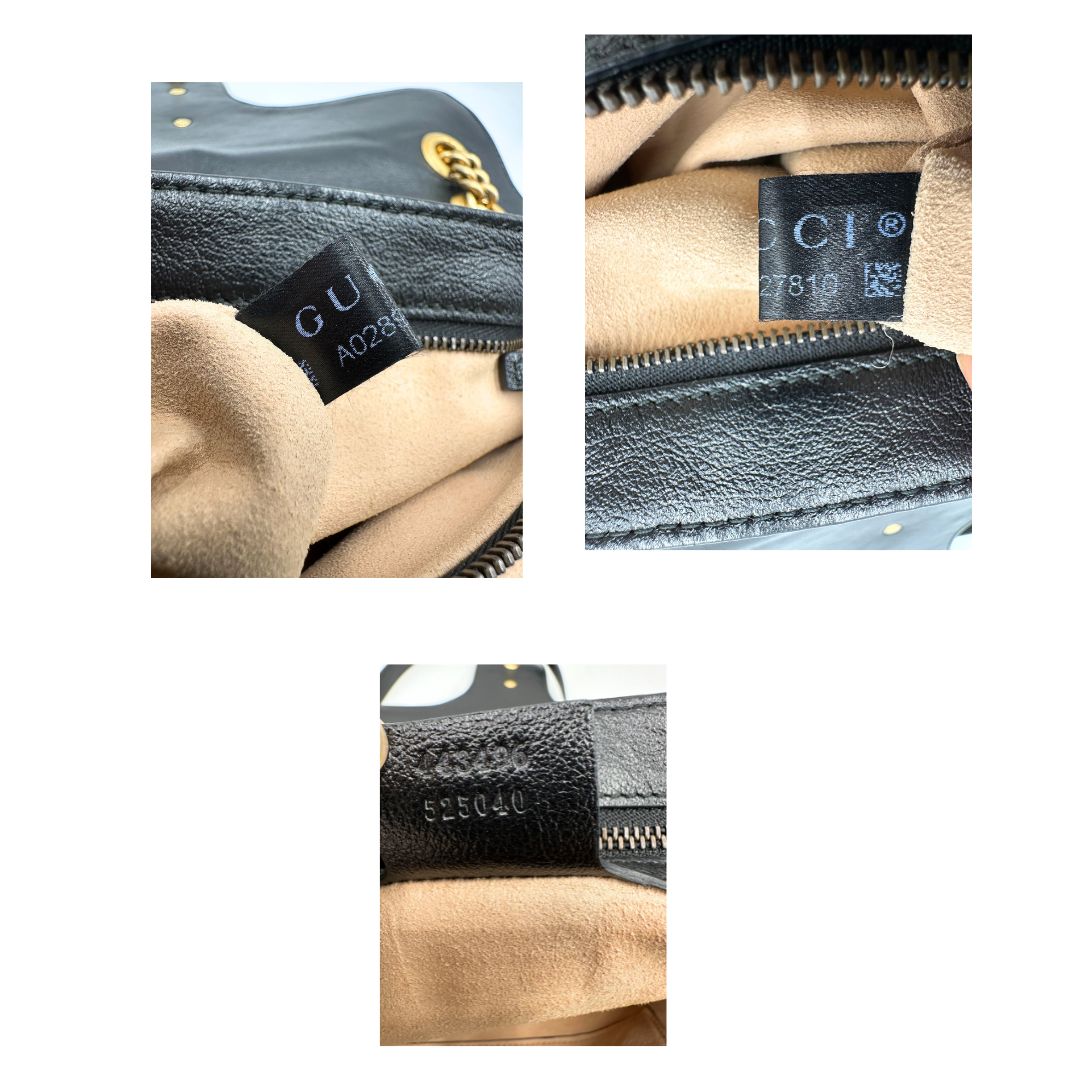 interno Borsa Gucci Marmont nella misura grande in pelle chevron color zucca e profili neri, di lusso, originale, ottime condizioni, usata.