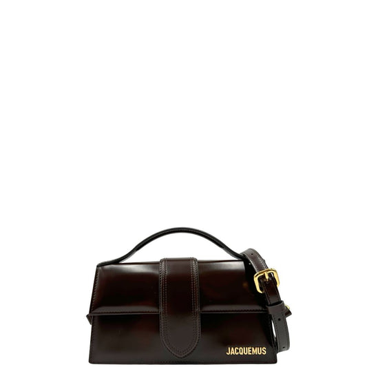 Front di una borsa Jacquemus nella versione Le Grand Bambino in pelle color marrone ebano, usata, originale, second hand, in condizioni eccellenti.