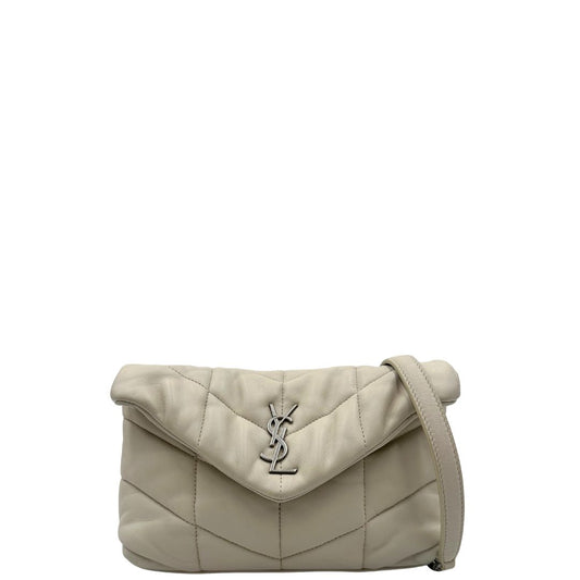 front v Borsa Saint Laurent Loulou puffer in pelle color bianco gesso con hardware argentato, di lusso, originale, ottime condizioni, usata