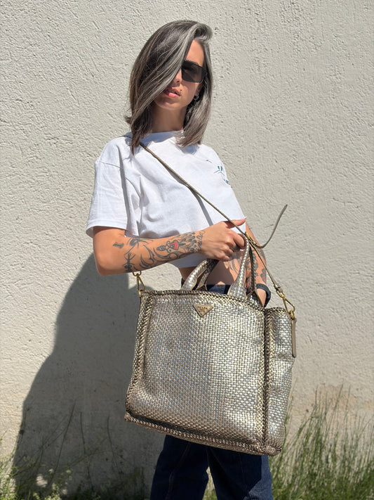 Satchel Madras Prada in pelle intrecciata