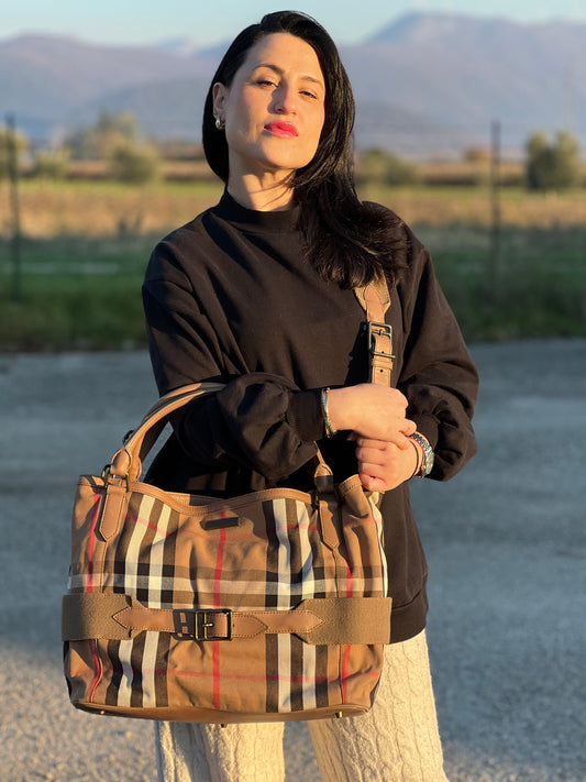 Shopper Burberry con tracolla tartan