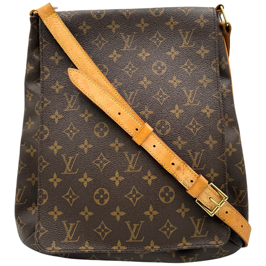 Borsa LV in canvas marrone monogram rifinita con parti in vacchetta naturale e inserti metallici dorati