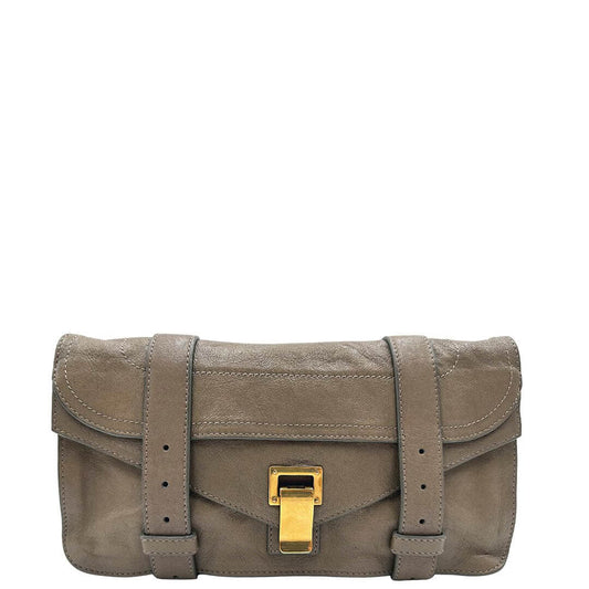 Pochette Proenza Schouler in pelle marone fango con parti metalliche dorate. Originale, usato, in condizioni ottime.