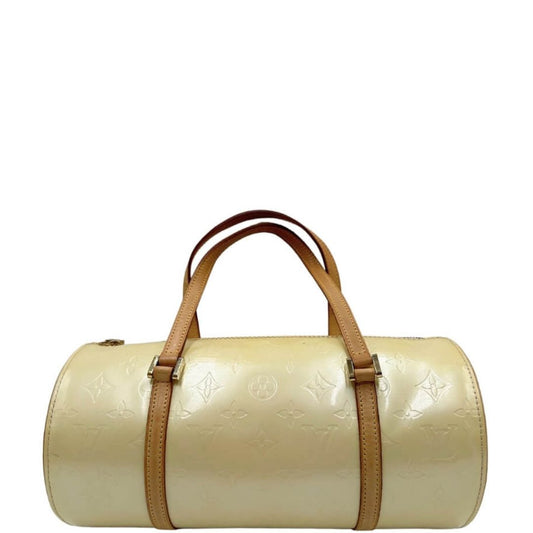 Borsa L.V. in pelle lucida monogram color crema, finiture in vacchetta naturale e parti metalliche dorate; munita di doppi manici, da portare a spalla