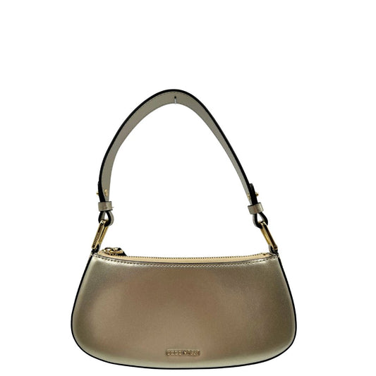 Front Borsa Coccinelle in pelle color champagne munita di un manico singolo, una tracolla regolabile e amovibile con parti metalliche dorate.