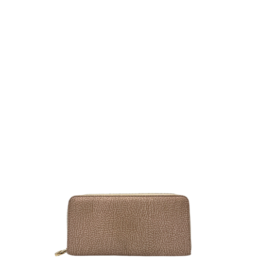 Front Portafoglio Borbonese in tessuto nylon rosa trama occhio di pernice con dettagli metallici dorati.