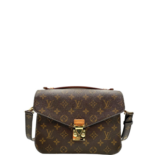 Front Borsa Louis Vuitton Métis in canvas marrone monogram con dettagli in vacchetta naturale e parti metalliche dorate. Munita di manico singolo e una tracolla regolabile e amovibile