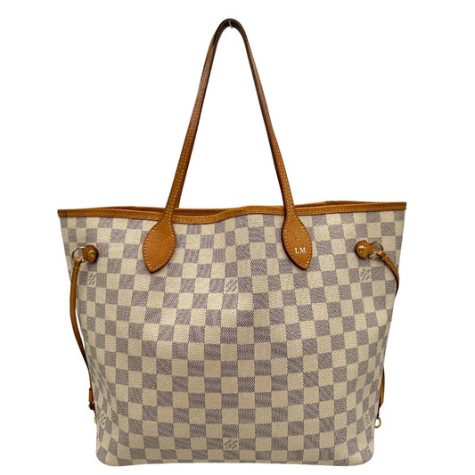 Front di una borsa Neverfull MM Louis Vuitton in canvas Damier Azur con finiture in vacchetta naturale e parti metalliche dorate. Originale, usata, di lusso, in ottime condizioni.