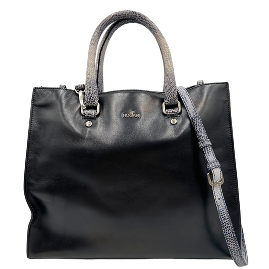 front Borsa Hogan in pelle nera con parti metalliche argentate; munita di doppi manici stondati trama animalier e una tracolla amovibile e regolabile