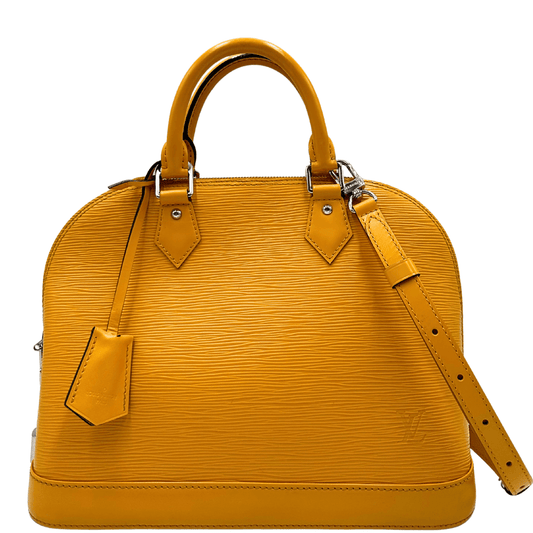 Alma PM Louis Vuitton in pelle epi gialla con parti metalliche argentate; munita di doppi manici e una tracolla amovibile e regolabile.