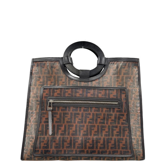 front Borsa Fendi in tela rivestita in PVC con trama Zucca semitrasparente con parti metalliche argentate e finiture in pelle color testa di moro; munita di doppi manici rigidi; da portare a mano. Completa di dustbag, di lusso, originale, ottime condizioni