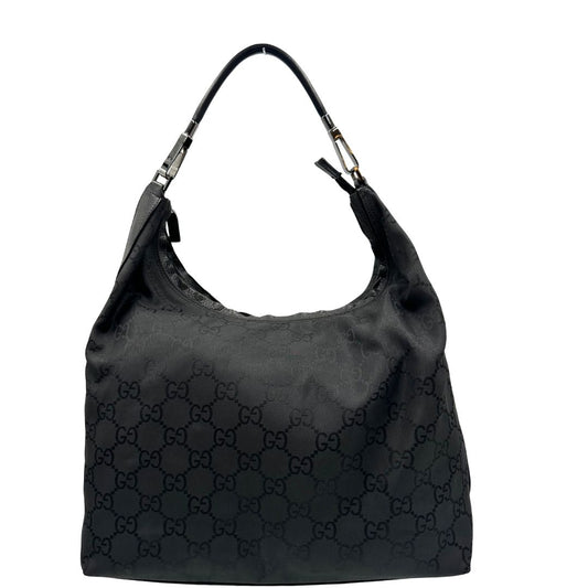 front Borsa Gucci in tessuto GG monogram con finiture in pelle tono su tono e parti metalliche argentate; munita di un manico singolo, indossabile a spalla, di lusso, originale, ottime condizioni.