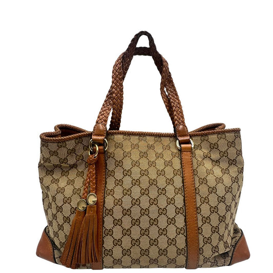 Borsa Gucci in tessuto GG monogram con finiture in pelle marroni e parti metalliche dorate; munita di doppi manici, da portare a spalla, di lusso, originale, ottime condizioni.