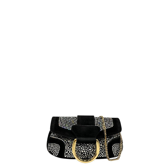 front Borsa D&G in pelle scamosciata nera con parti metalliche dorate e impreziosita da strass; munita di un manico singolo in catena. Completa di corredo, di lusso, originale, usata.